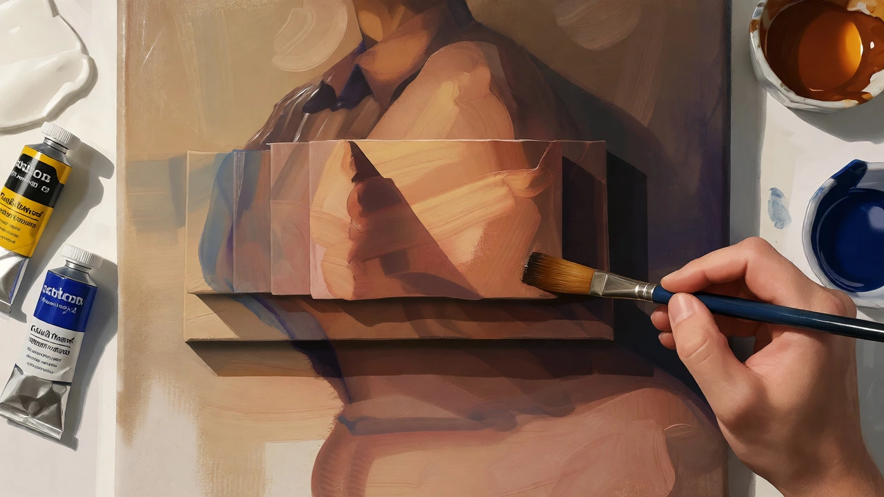 Painter applying semi-opaque middle layers with a balanced oil-solvent mix.