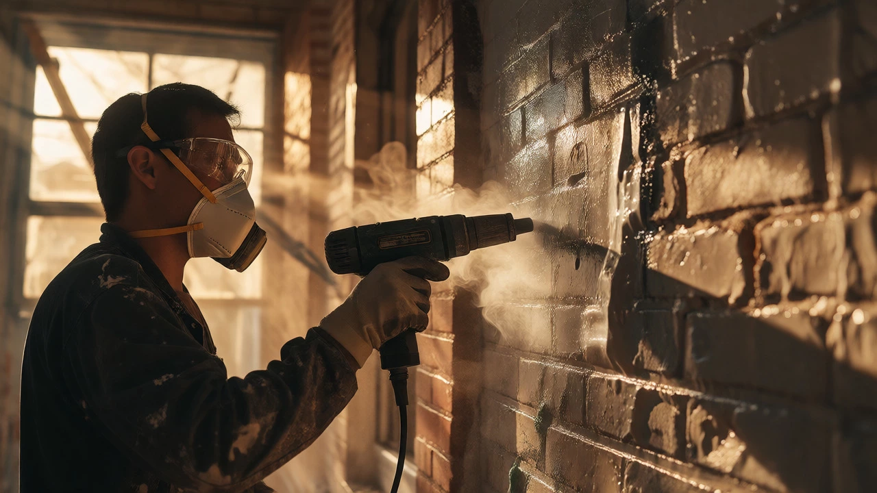 Person in safety gear using a heat gun to strip paint from an old brick wall.