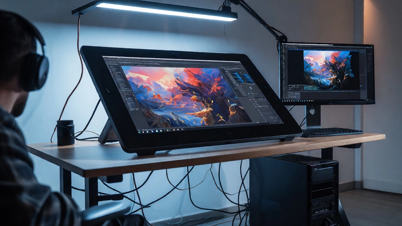 Professional artist working on a large pen display at a desk