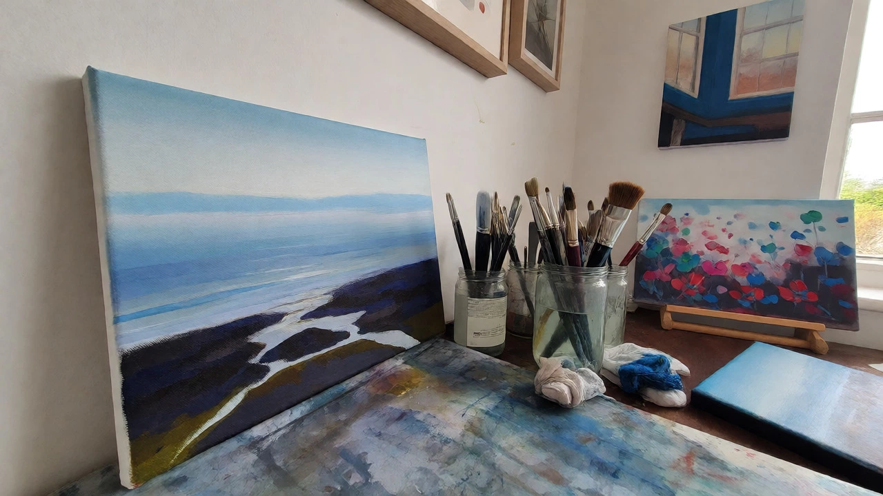 Small seascape and flower paintings in an art studio