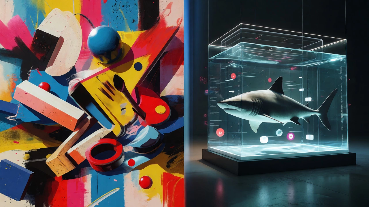 Split view comparing abstract modern art with a conceptual shark installation.