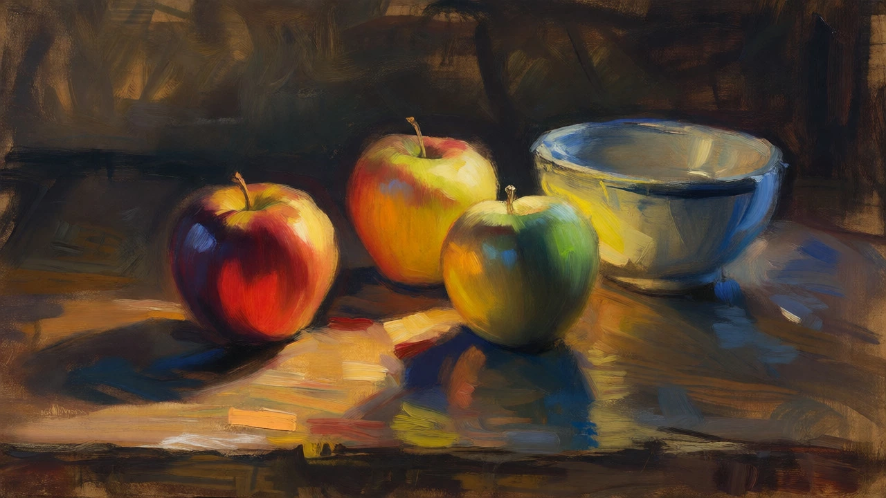 Still life of apples with strong light and shadow