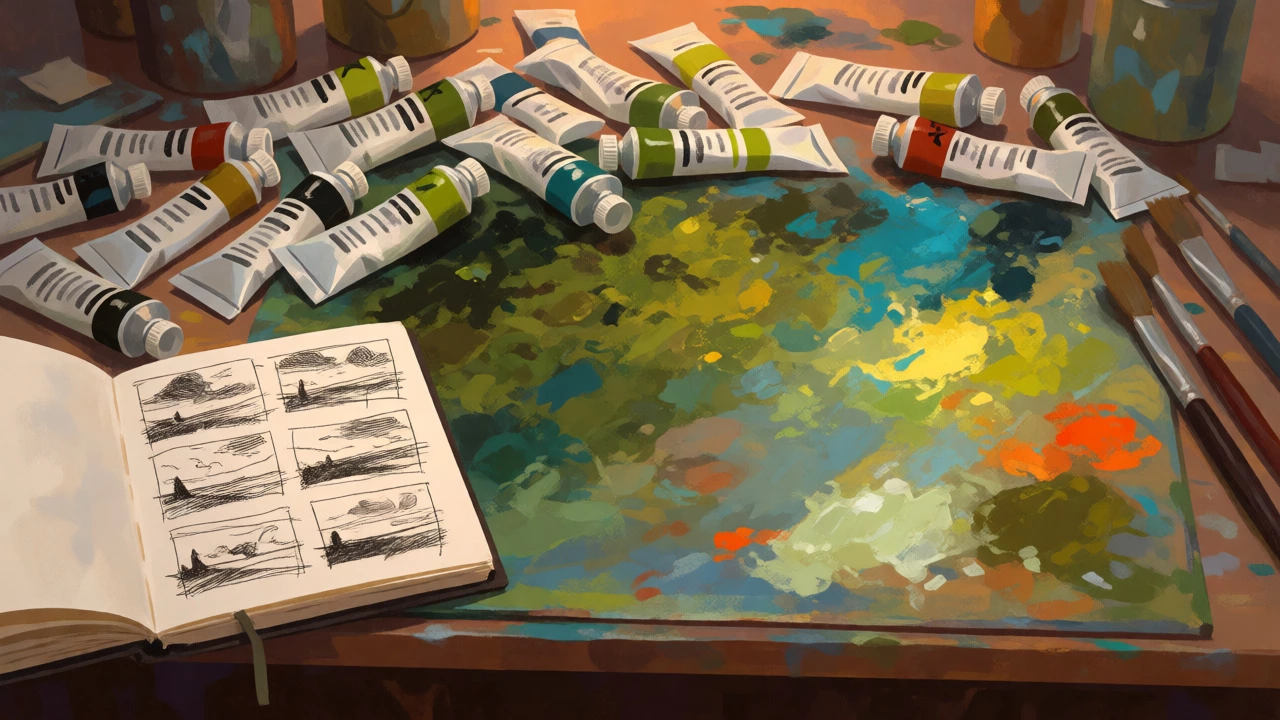 Studio desk with mixed paint palettes and thumbnail sketches for landscape design.