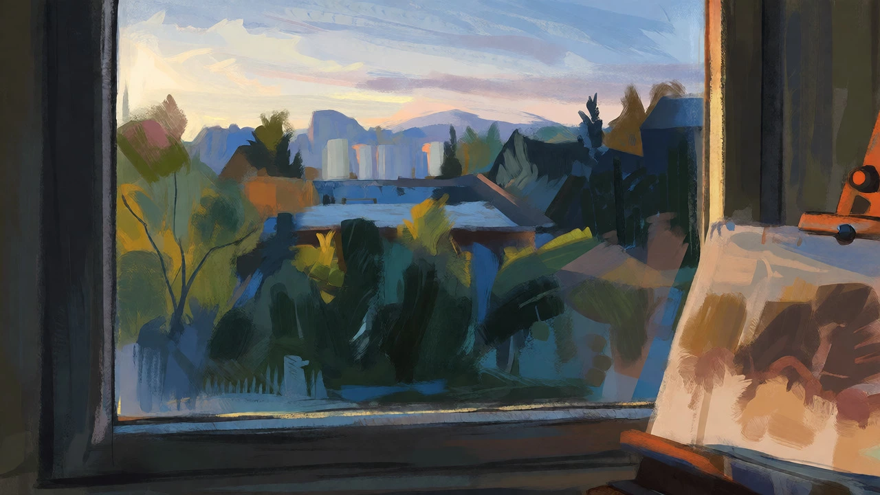 View from a window of a simplified landscape with an easel in the foreground
