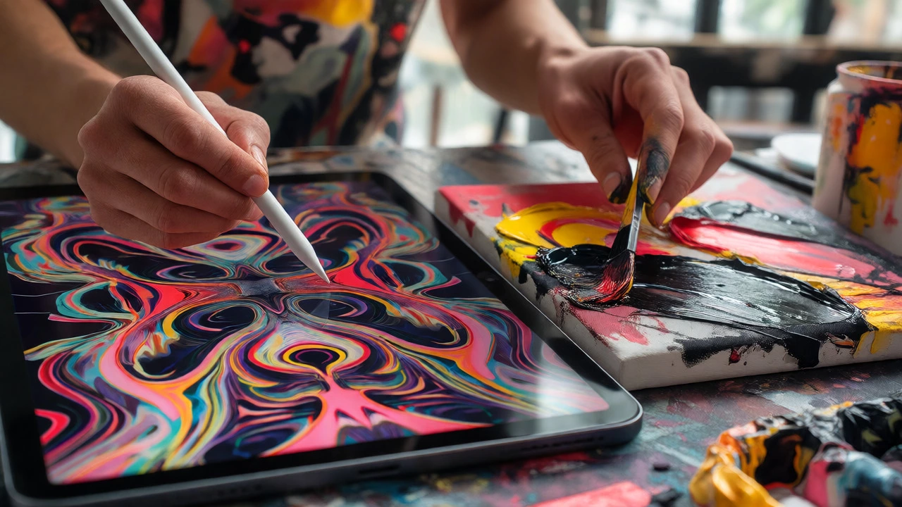 Artist combining AI digital tools with raw expressionist painting techniques
