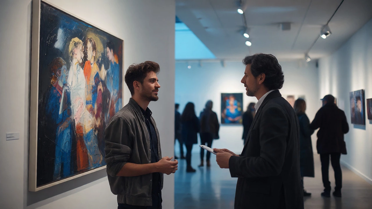 Artist discussing their oil painting with a curator in a bright, modern white-cube gallery.