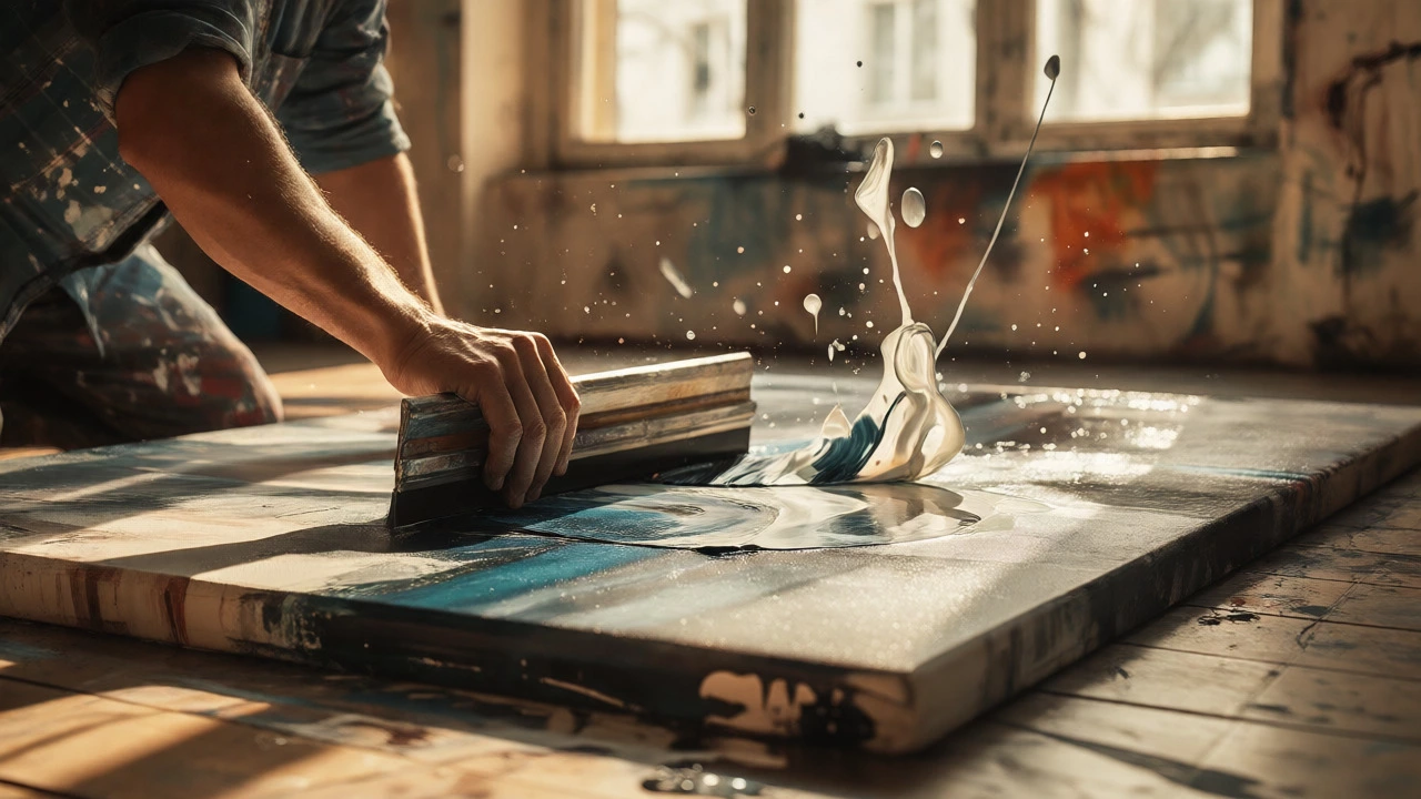 Artist using a squeegee to drag wet paint on a floor canvas, capturing dynamic gestural motion.