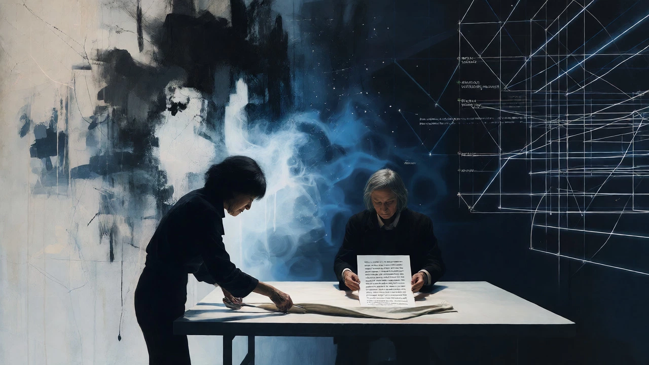 Conceptual art scene showing the shift from abstraction to minimalism and performance.