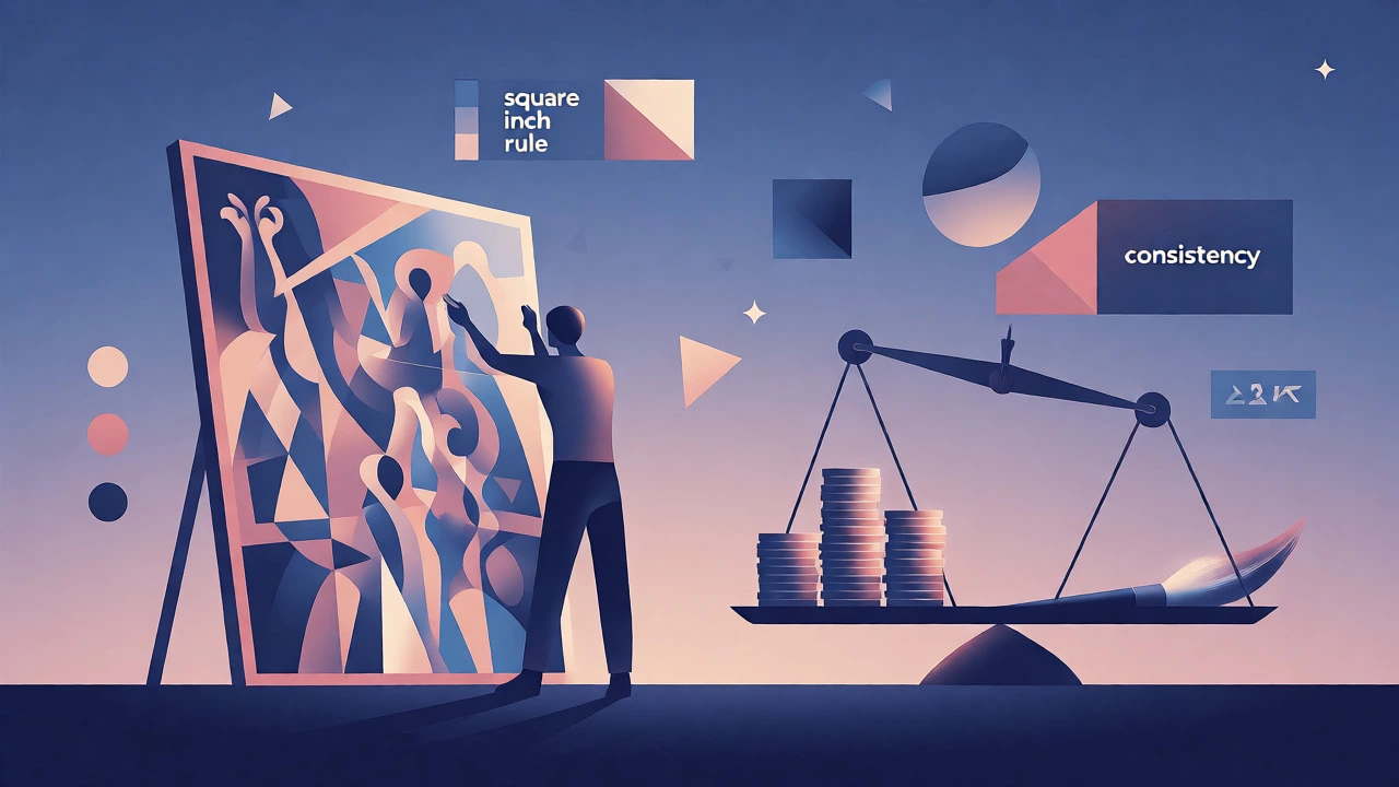Conceptual illustration balancing an artist, artwork, and financial scales.