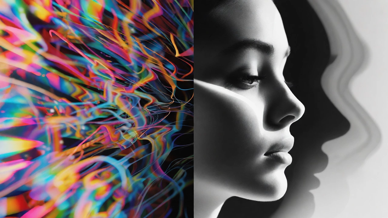 Conceptual split image showing colorful chaos transitioning into a clear, sculpted black and white portrait.
