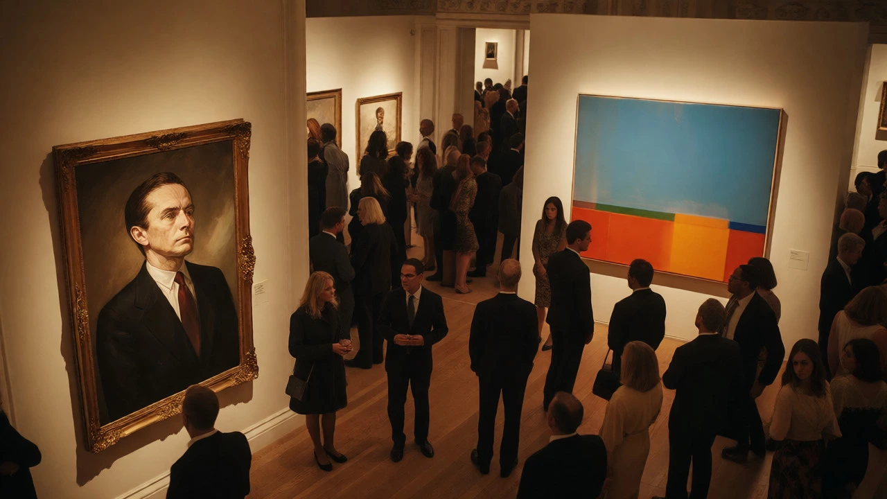 Crowded gallery showing indifference toward abstract art vs realism