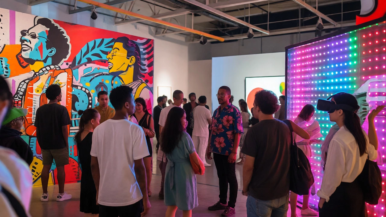 Crowded global art fair featuring street art, digital media, and diverse attendees.