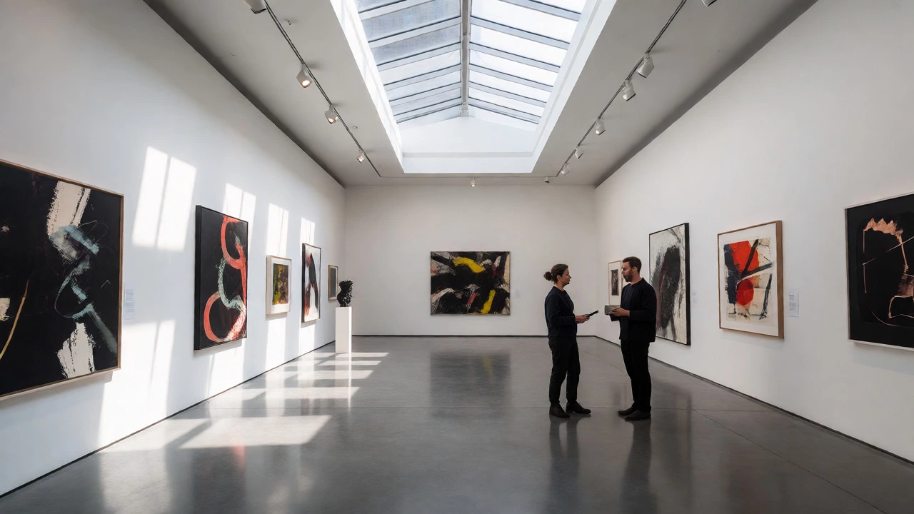 Curator and artist discussing artwork in a bright modern gallery