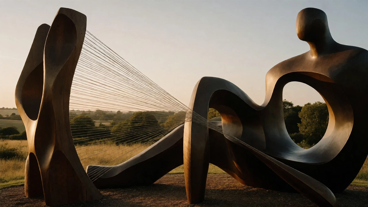 Henry Moore and Barbara Hepworth abstract sculptures in a sunlit outdoor landscape.