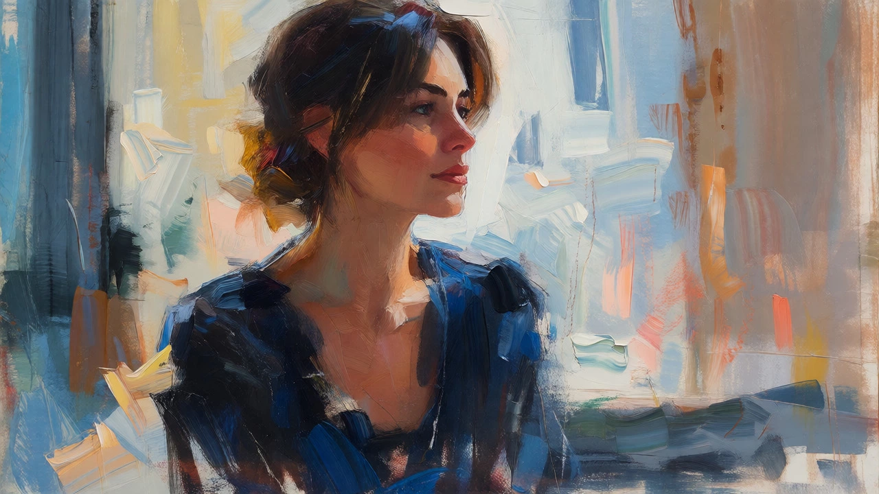 Impressionistic oil portrait with thick brushstrokes and thoughtful composition.