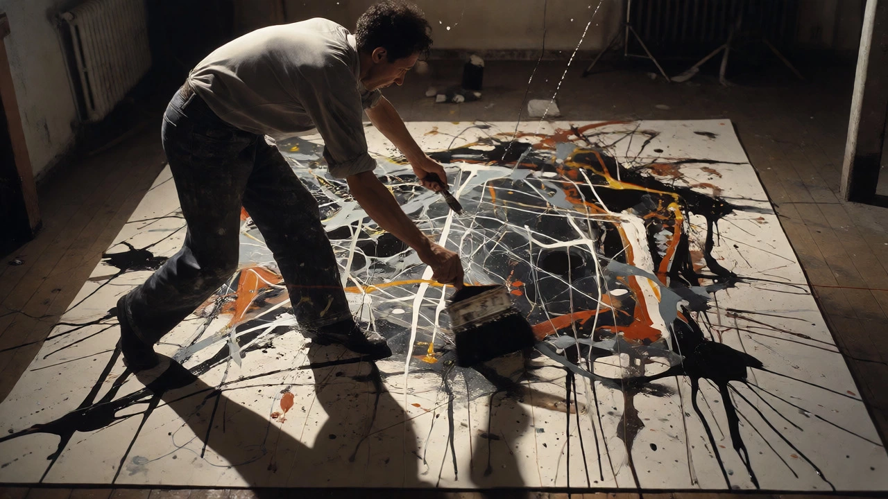 Jackson Pollock dripping paint onto a canvas on the floor in a dynamic artistic pose.