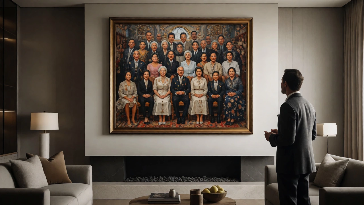 Large framed family portrait displayed prominently in a modern luxury living room