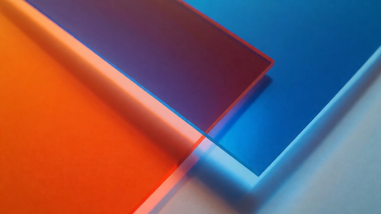 Macro view of overlapping orange and blue squares demonstrating color interaction and theory.