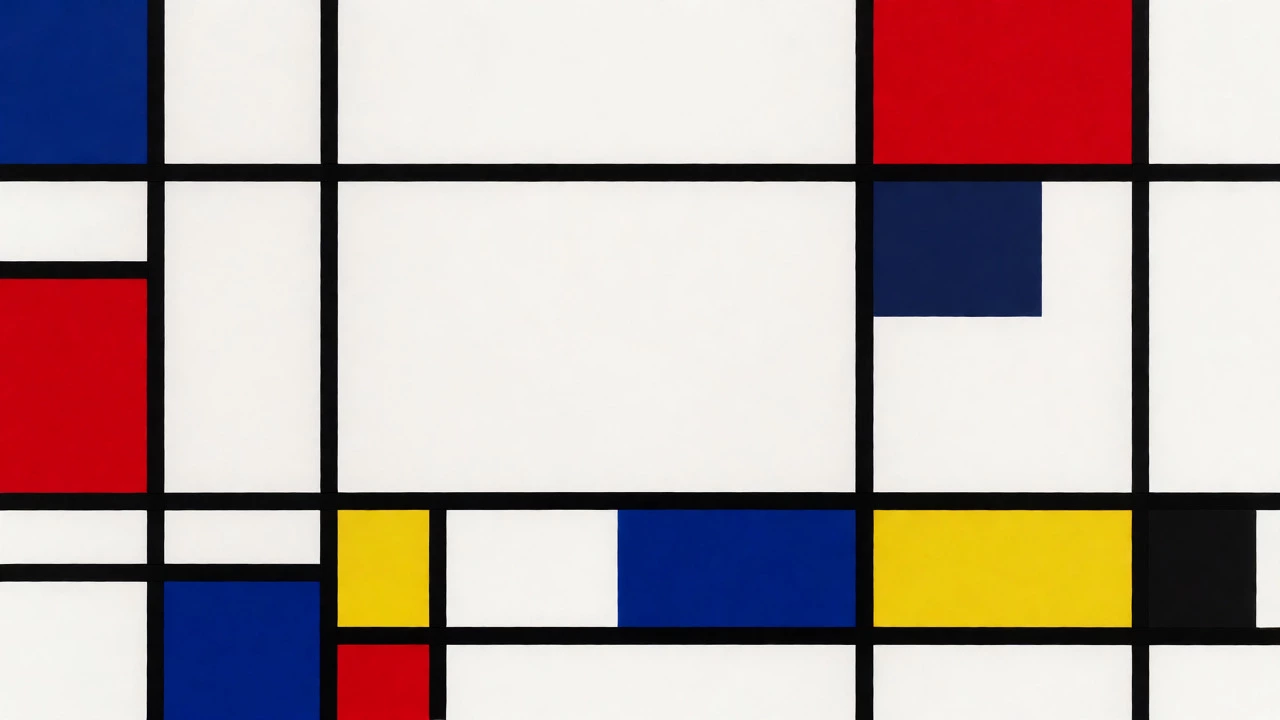 Minimalist grid artwork featuring black lines and primary color blocks in Mondrian style.