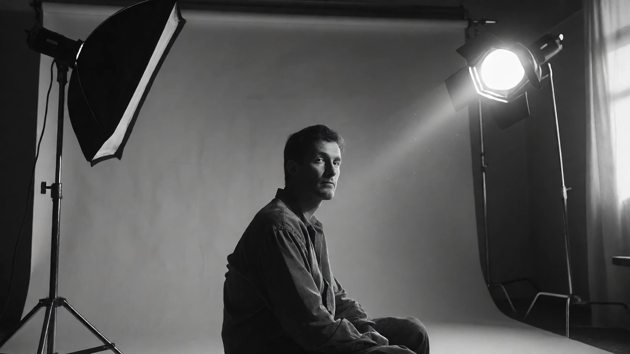 Monochrome studio portrait with dramatic lighting focusing on facial expression and tonal range.