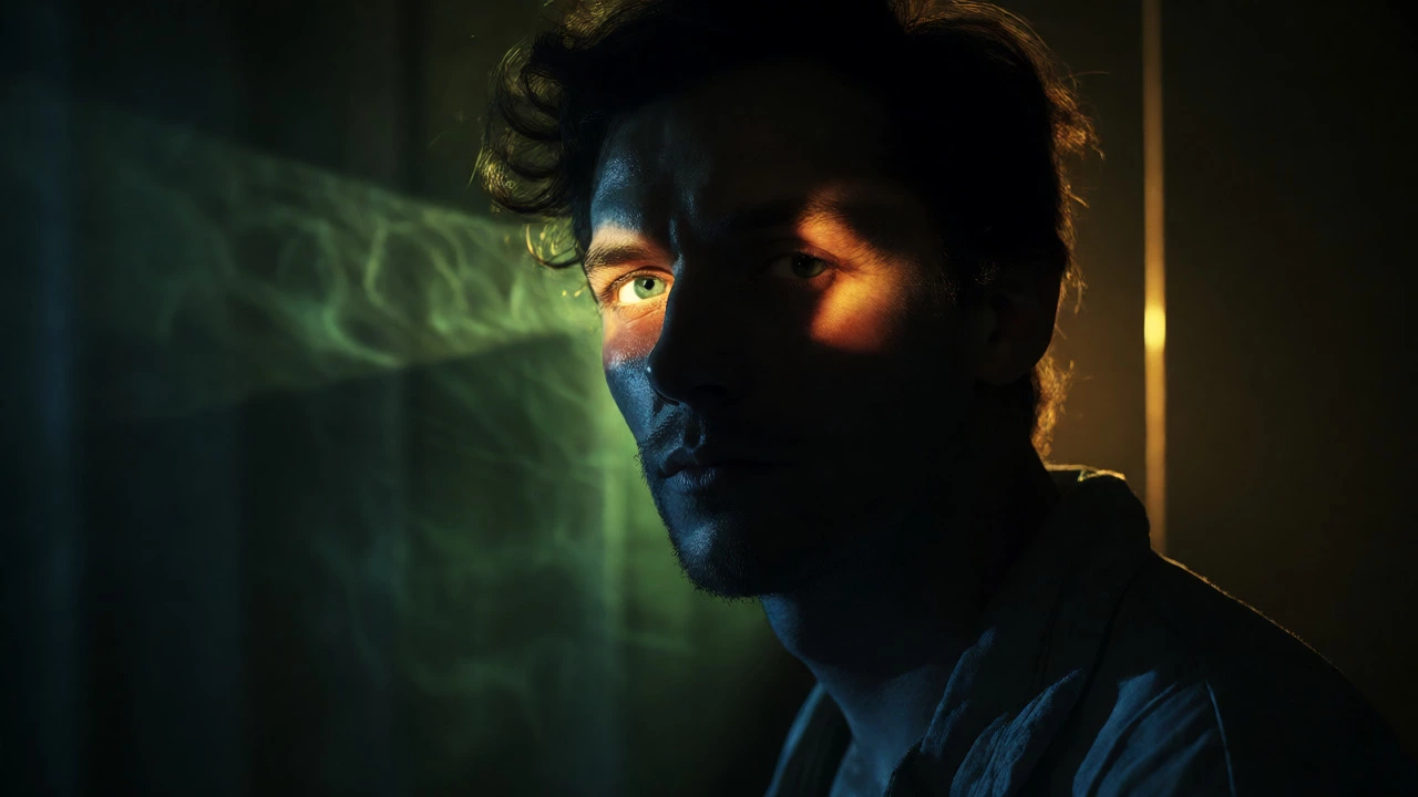 Rembrandt-style chiaroscuro portrait with dramatic side lighting and deep shadows.