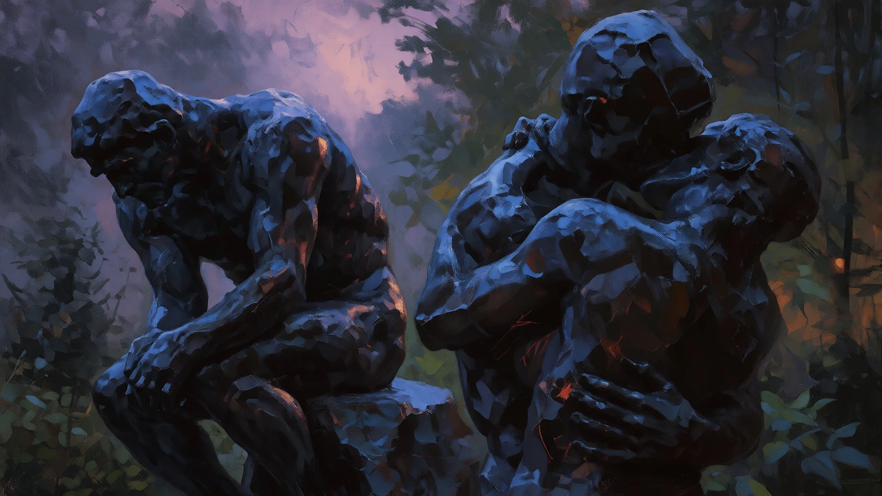 Rodin's bronze sculptures with rough textures set in a misty, twilight garden scene.