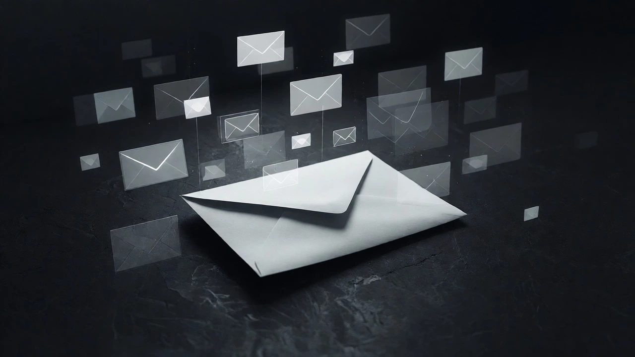 Single envelope surrounded by fading digital notification icons