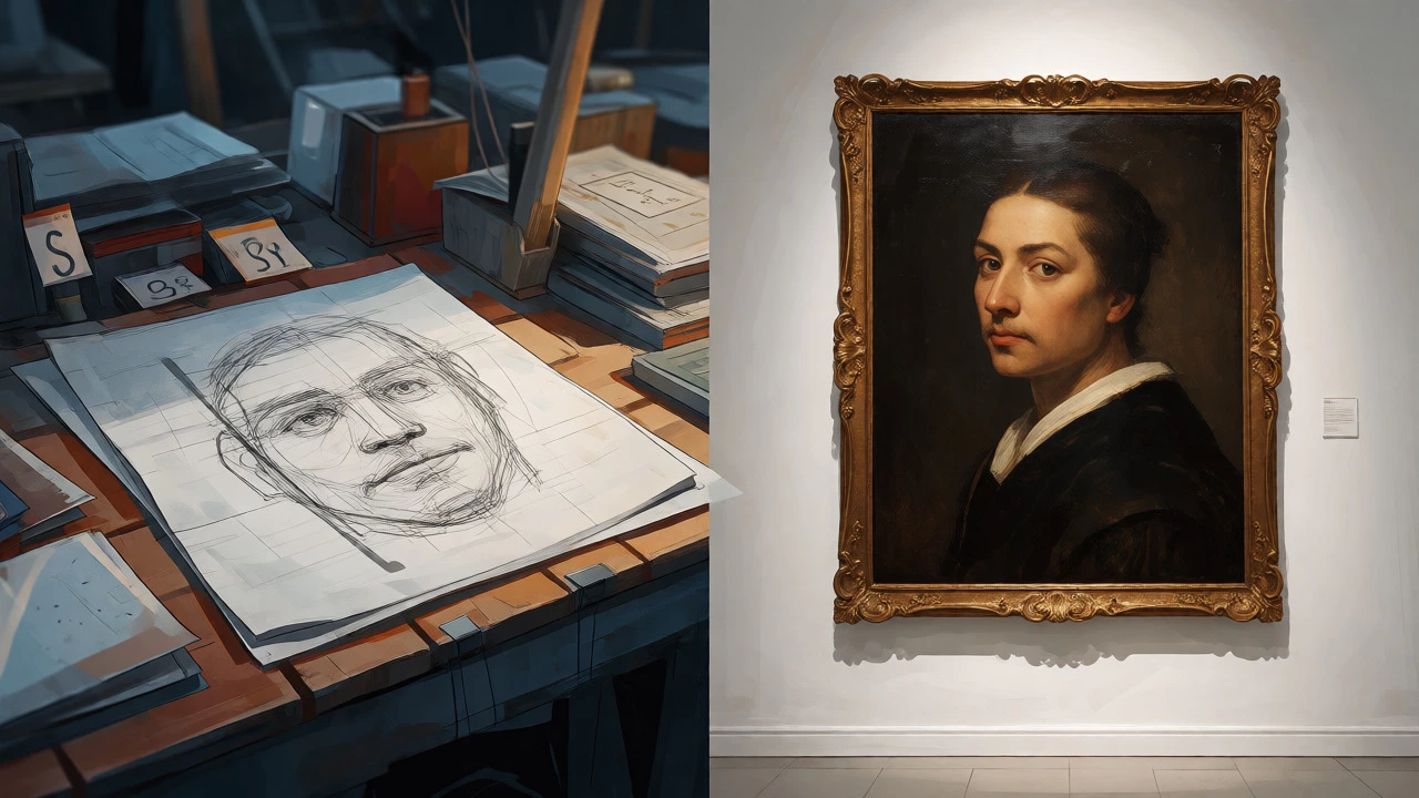 Split view comparing a simple sketch on a market table to a grand gallery oil portrait