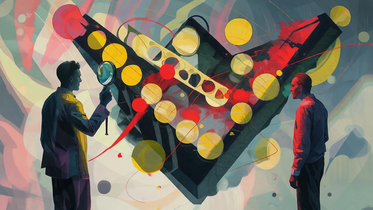 Surreal illustration of viewers struggling to interpret abstract shapes