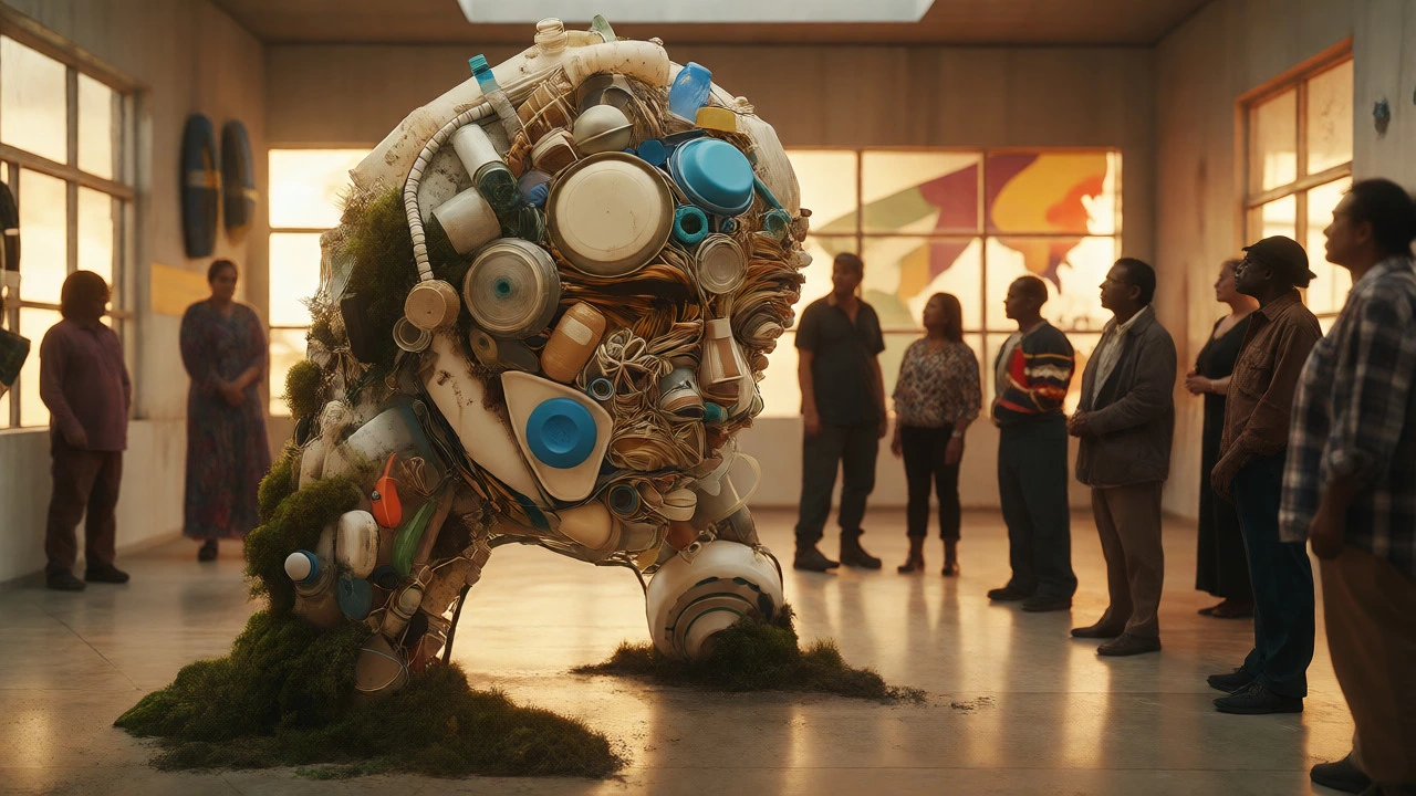 Sustainable ephemeral sculpture made from recycled materials being observed