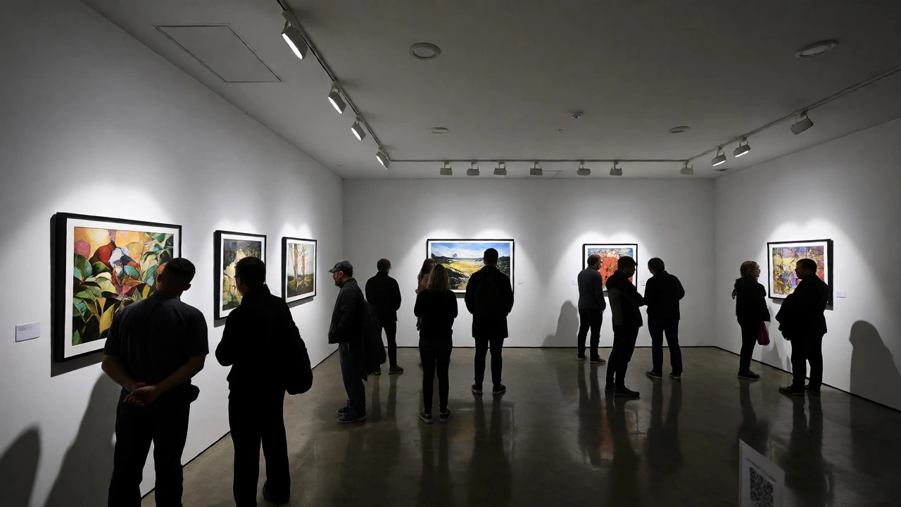 Visitors viewing framed artworks in a well-lit contemporary gallery exhibition.